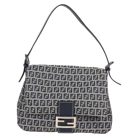 FENDI Zucchino Canvas Mamma Baguette Shoulder Bag Navy Silver Auth 126702V - Picture 1 of 15